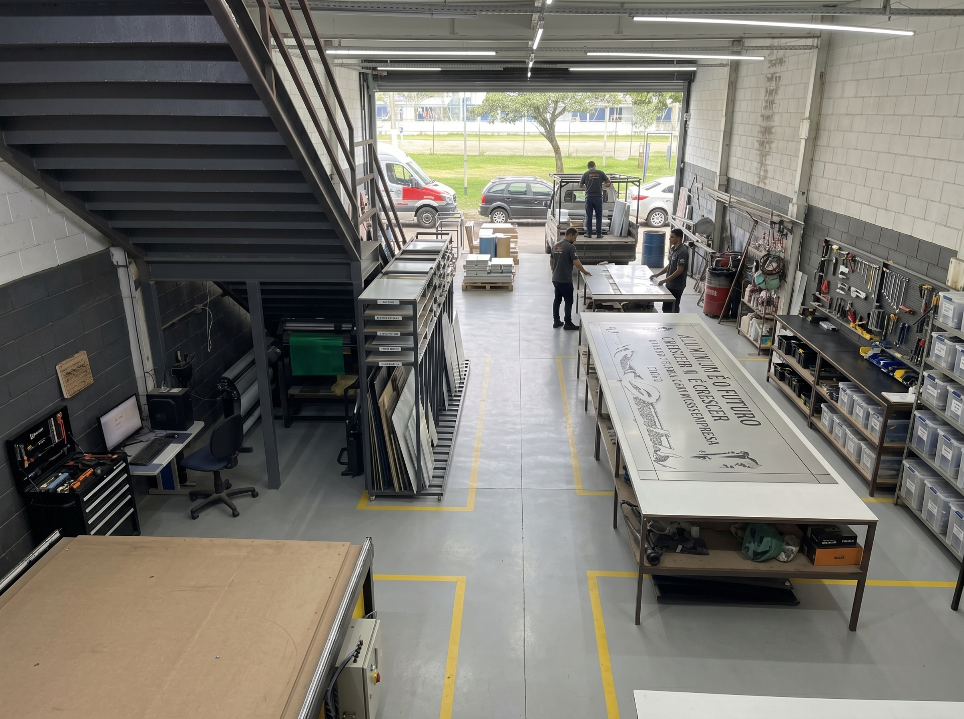 Estrutura da FNX: ateliê com máquinas CNC, equipe e peças em produção